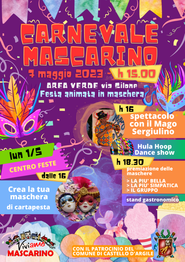 Volantino Carnevale Mascarino 2023, 7 maggio dalle 15 all'area verde di via Silone